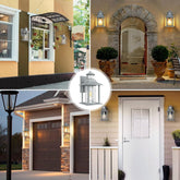 Collage of outdoor lighting fixtures on various home exteriors.